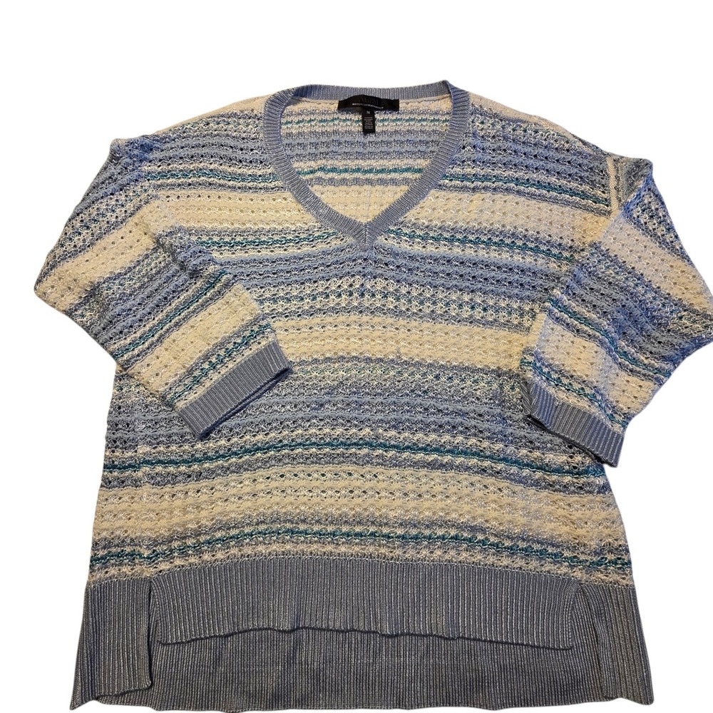 WHBM V-Neck Sweater Women M Blue Striped Good Open Knit 3/4 Sleeve Pullover